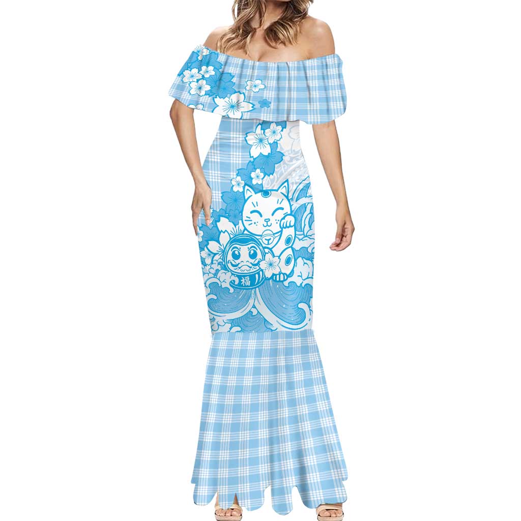Blue Palaka Hawaiian And Japanese Mermaid Dress Maneki Neko And Sakura Bloom DT05 - Polynesian Pride