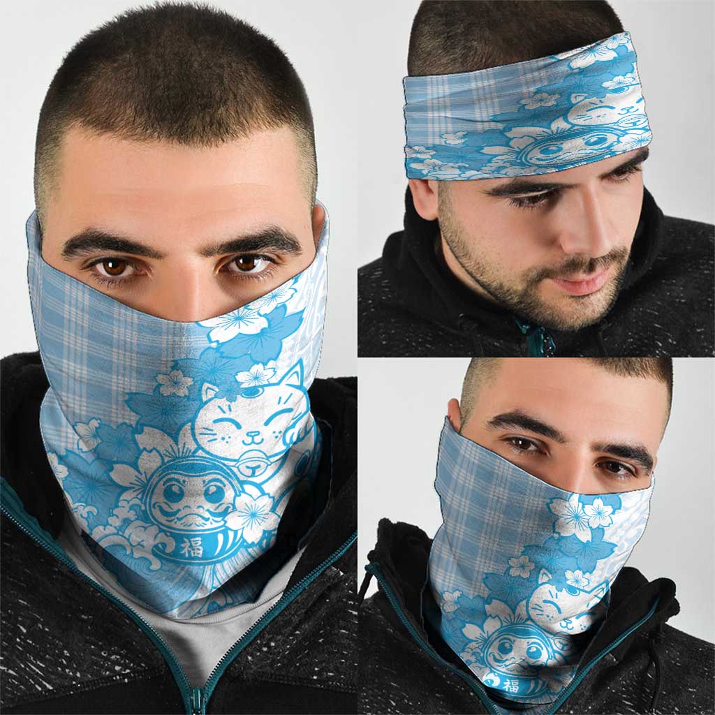 Blue Palaka Hawaiian And Japanese Neck Gaiter Maneki Neko And Sakura Bloom DT05 - Polynesian Pride