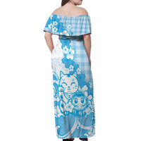 Blue Palaka Hawaiian And Japanese Off Shoulder Maxi Dress Maneki Neko And Sakura Bloom DT05 - Polynesian Pride