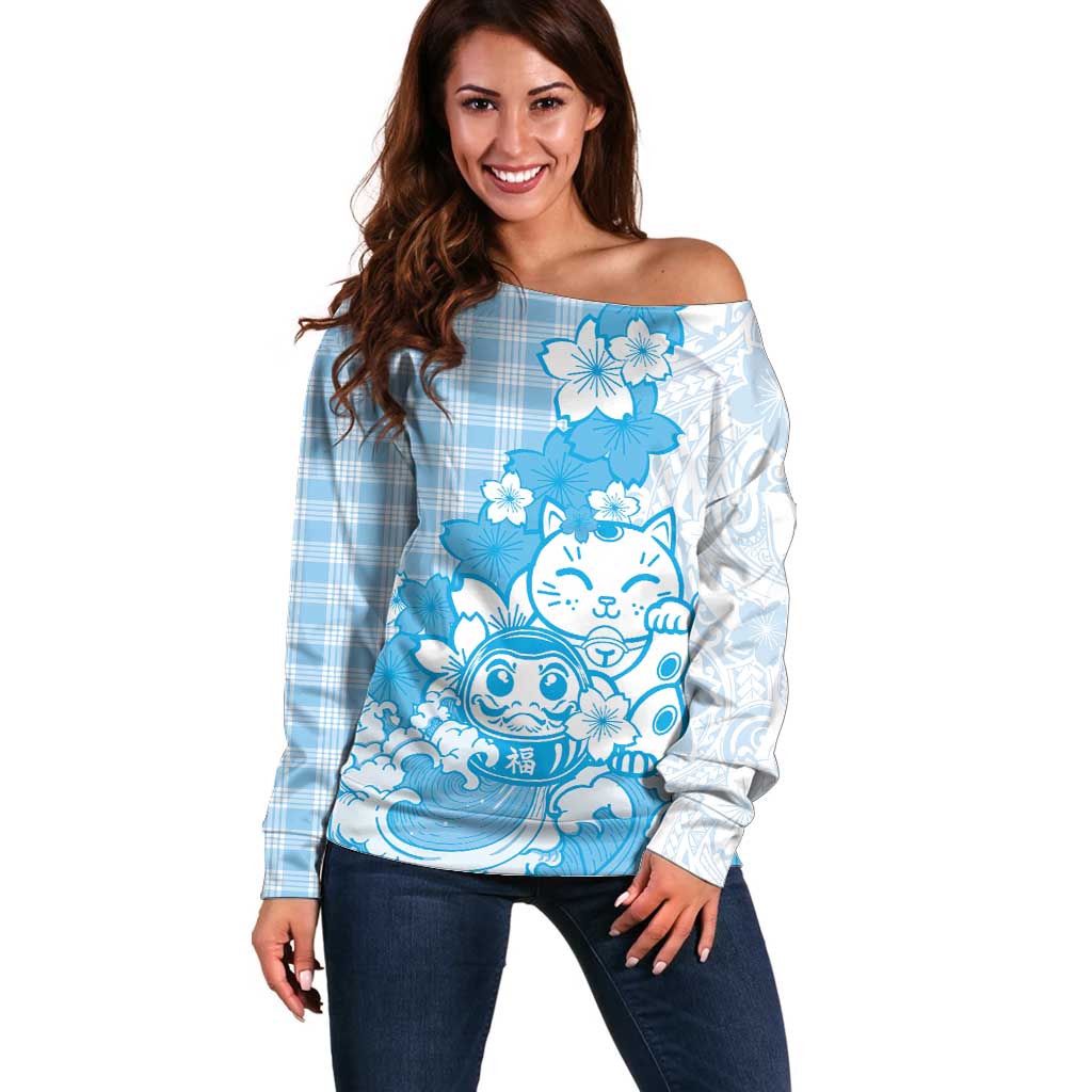 Blue Palaka Hawaiian And Japanese Off Shoulder Sweater Maneki Neko And Sakura Bloom DT05 Women Blue - Polynesian Pride