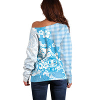 Blue Palaka Hawaiian And Japanese Off Shoulder Sweater Maneki Neko And Sakura Bloom DT05 - Polynesian Pride