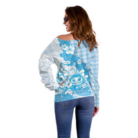 Blue Palaka Hawaiian And Japanese Off Shoulder Sweater Maneki Neko And Sakura Bloom DT05 - Polynesian Pride