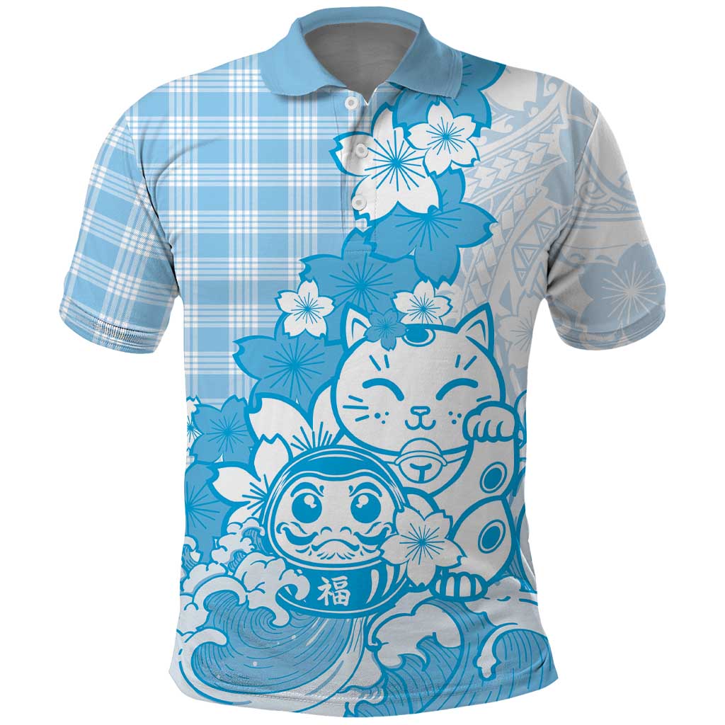 Blue Palaka Hawaiian And Japanese Polo Shirt Maneki Neko And Sakura Bloom DT05 Blue - Polynesian Pride