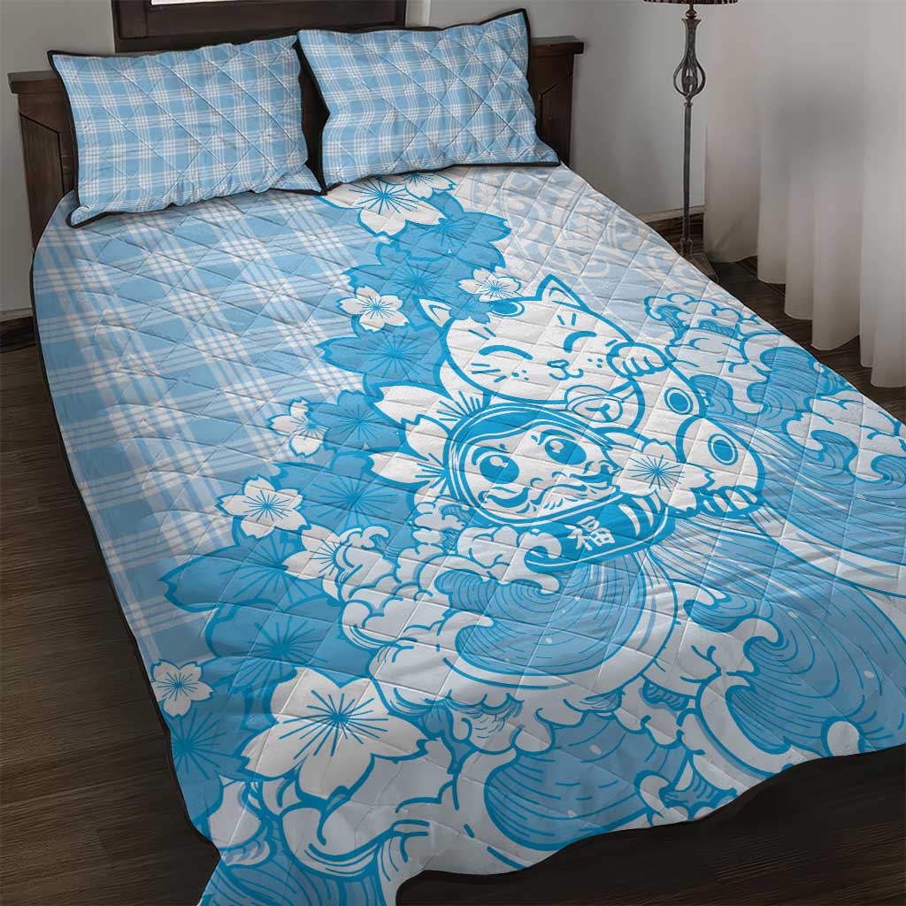 Blue Palaka Hawaiian And Japanese Quilt Bed Set Maneki Neko And Sakura Bloom DT05 Blue - Polynesian Pride