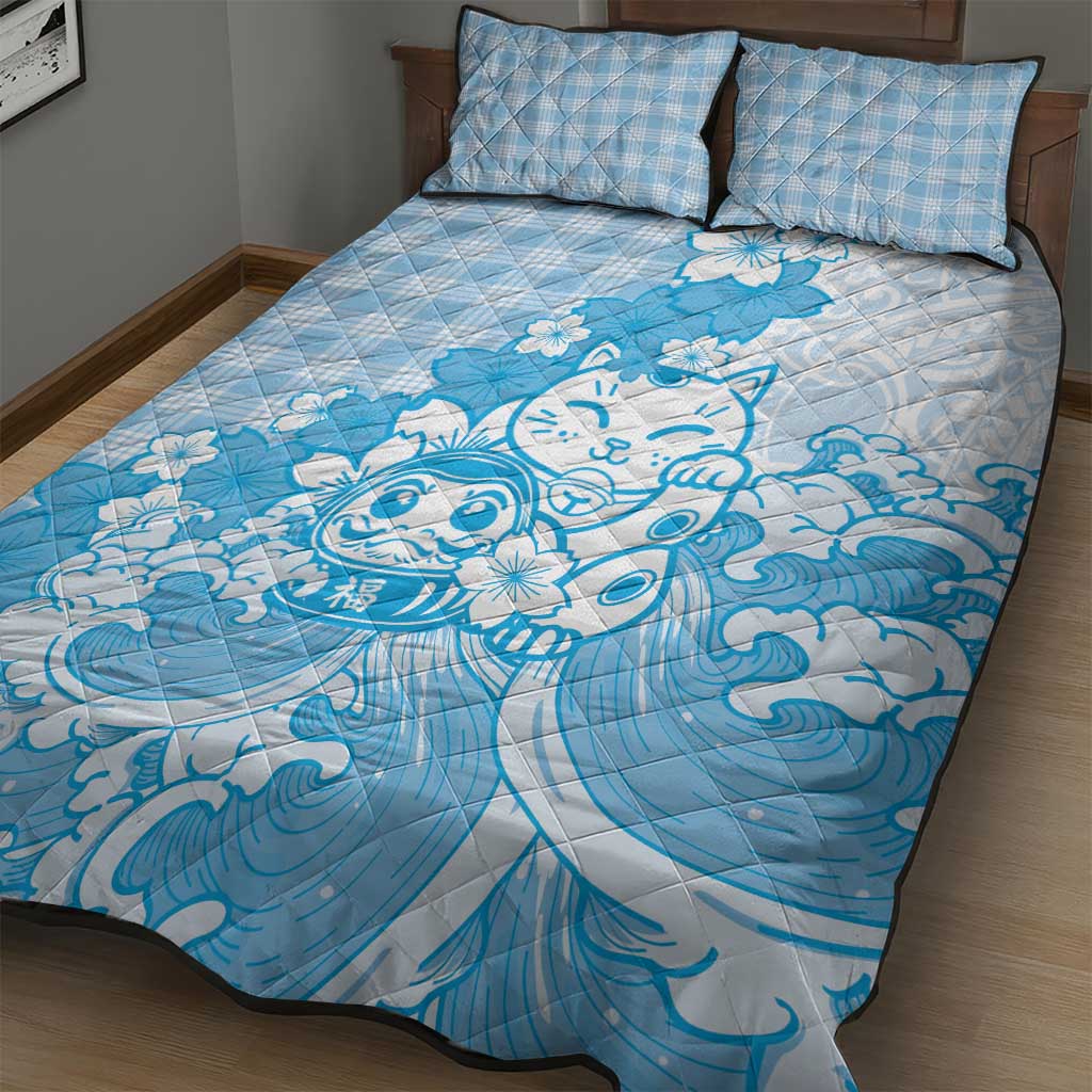 Blue Palaka Hawaiian And Japanese Quilt Bed Set Maneki Neko And Sakura Bloom DT05 - Polynesian Pride