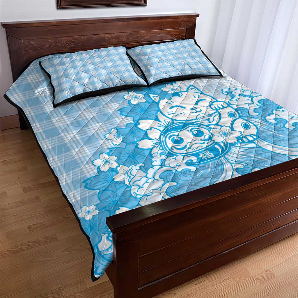 Blue Palaka Hawaiian And Japanese Quilt Bed Set Maneki Neko And Sakura Bloom DT05 - Polynesian Pride