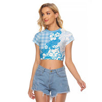 Blue Palaka Hawaiian And Japanese Raglan Cropped T Shirt Maneki Neko And Sakura Bloom DT05 Female Blue - Polynesian Pride