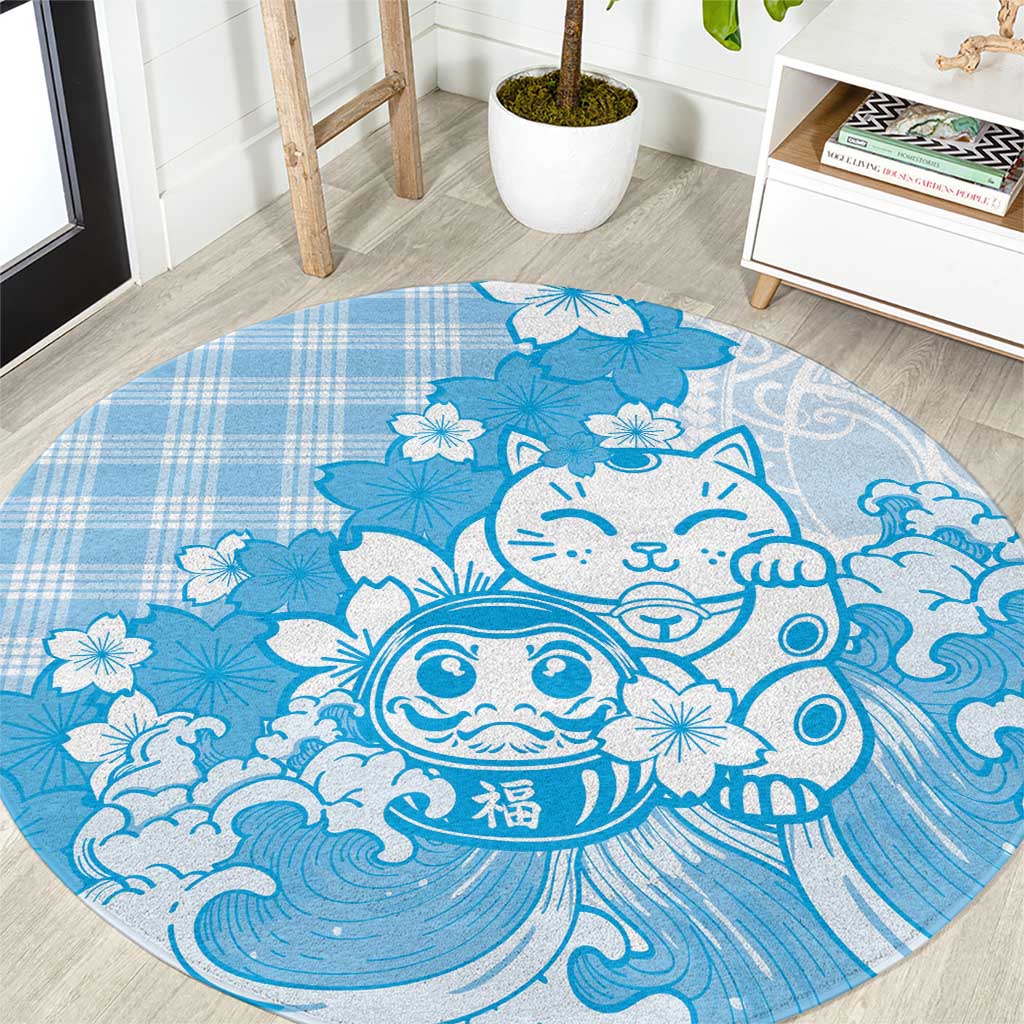 Blue Palaka Hawaiian And Japanese Round Carpet Maneki Neko And Sakura Bloom DT05 Blue - Polynesian Pride