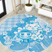 Blue Palaka Hawaiian And Japanese Round Carpet Maneki Neko And Sakura Bloom DT05 Blue - Polynesian Pride