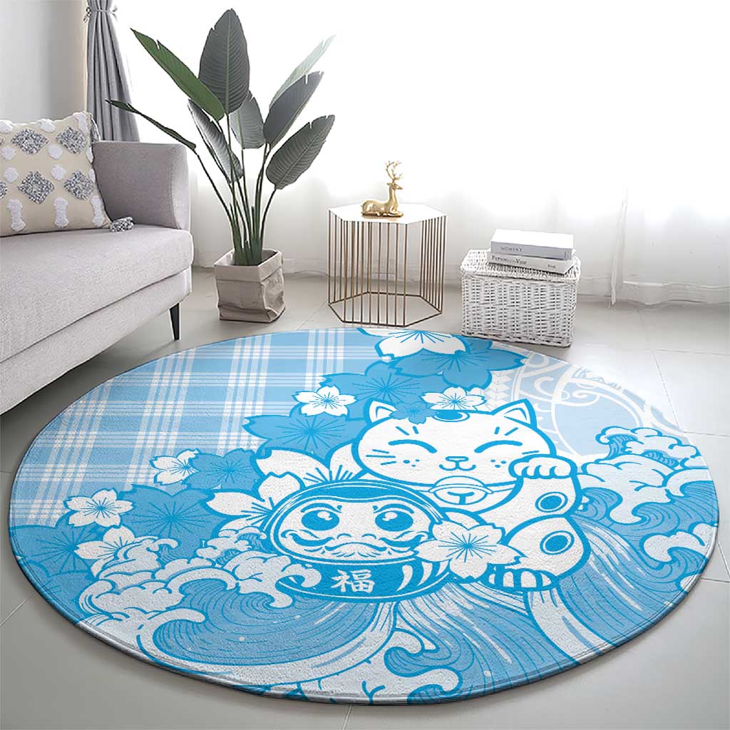 Blue Palaka Hawaiian And Japanese Round Carpet Maneki Neko And Sakura Bloom DT05 - Polynesian Pride