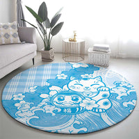 Blue Palaka Hawaiian And Japanese Round Carpet Maneki Neko And Sakura Bloom DT05 - Polynesian Pride