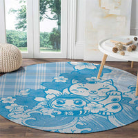 Blue Palaka Hawaiian And Japanese Round Carpet Maneki Neko And Sakura Bloom DT05 - Polynesian Pride
