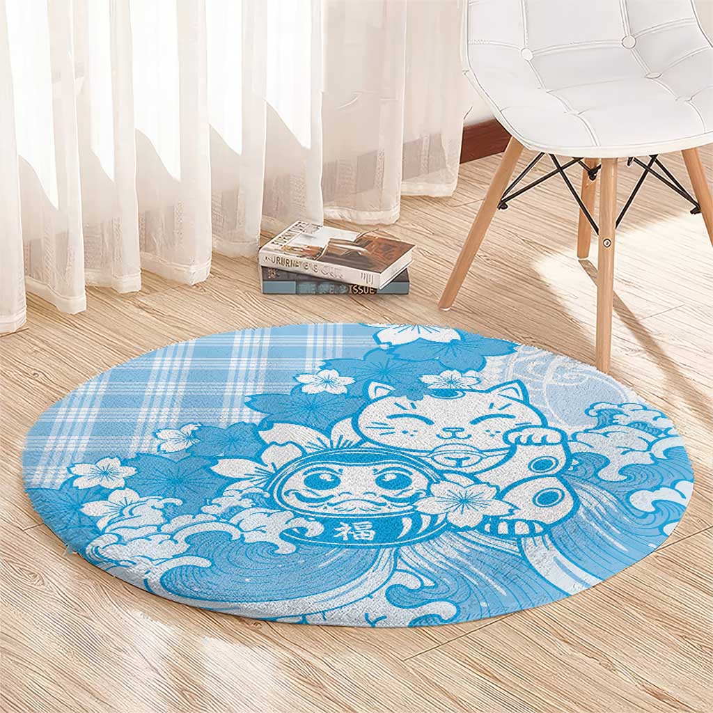 Blue Palaka Hawaiian And Japanese Round Carpet Maneki Neko And Sakura Bloom DT05 - Polynesian Pride