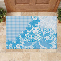 Blue Palaka Hawaiian And Japanese Rubber Doormat Maneki Neko And Sakura Bloom DT05 Blue - Polynesian Pride