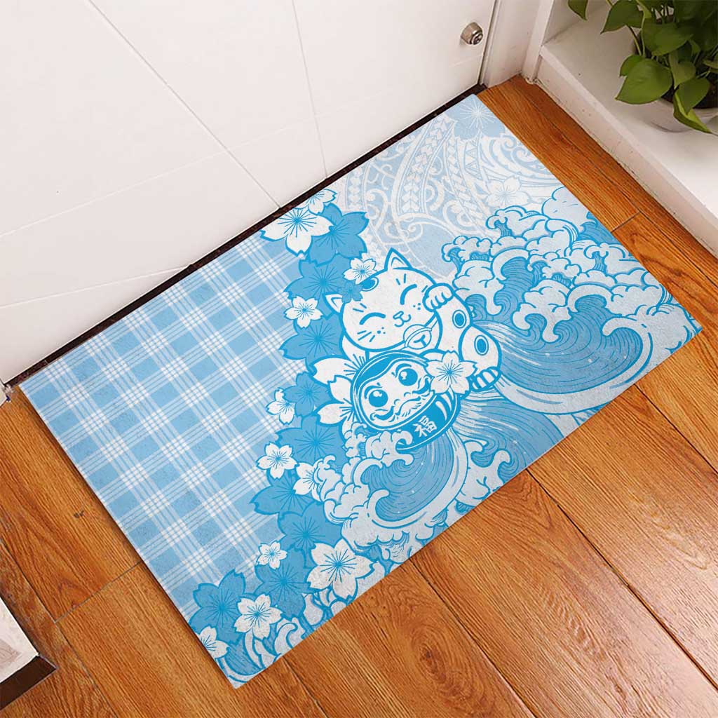 Blue Palaka Hawaiian And Japanese Rubber Doormat Maneki Neko And Sakura Bloom DT05 - Polynesian Pride