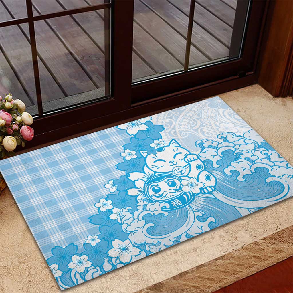 Blue Palaka Hawaiian And Japanese Rubber Doormat Maneki Neko And Sakura Bloom DT05 - Polynesian Pride