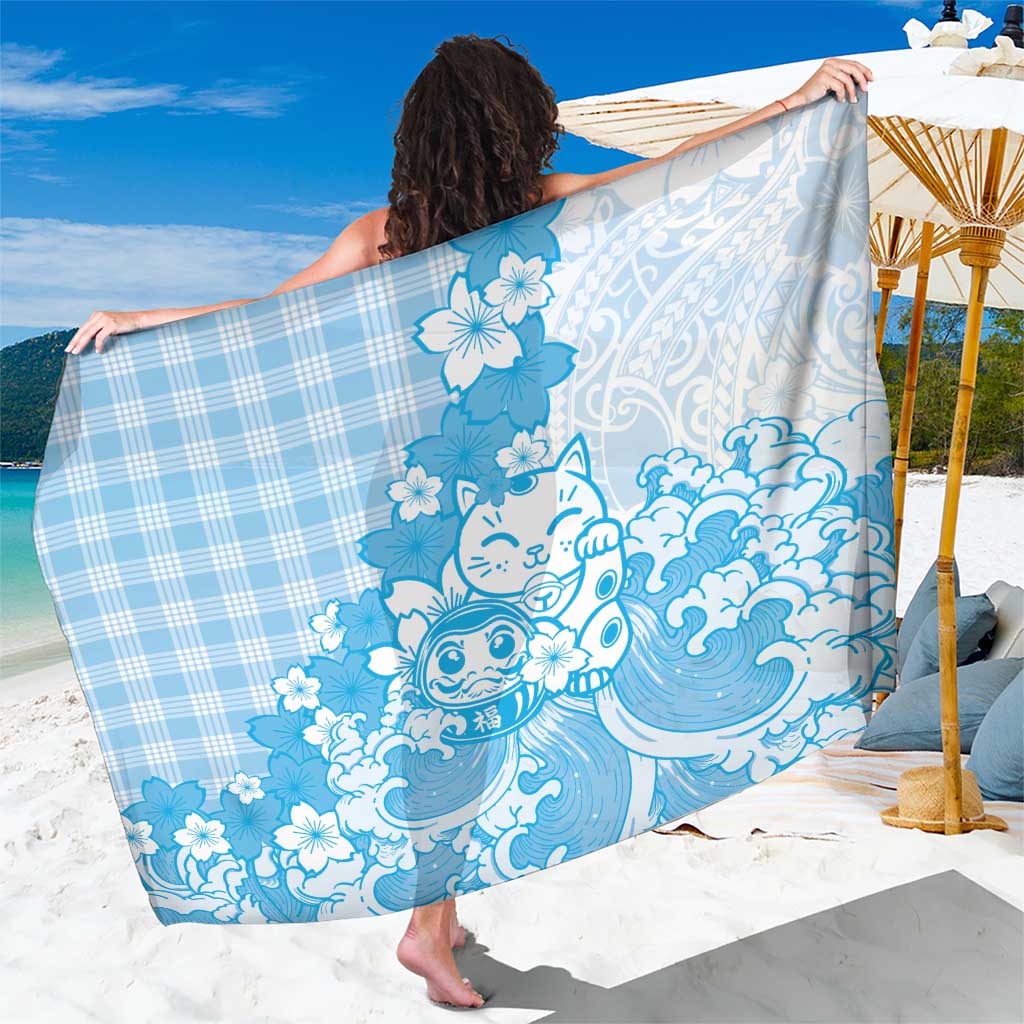 Blue Palaka Hawaiian And Japanese Sarong Maneki Neko And Sakura Bloom DT05 One Size 44 x 66 inches Blue - Polynesian Pride