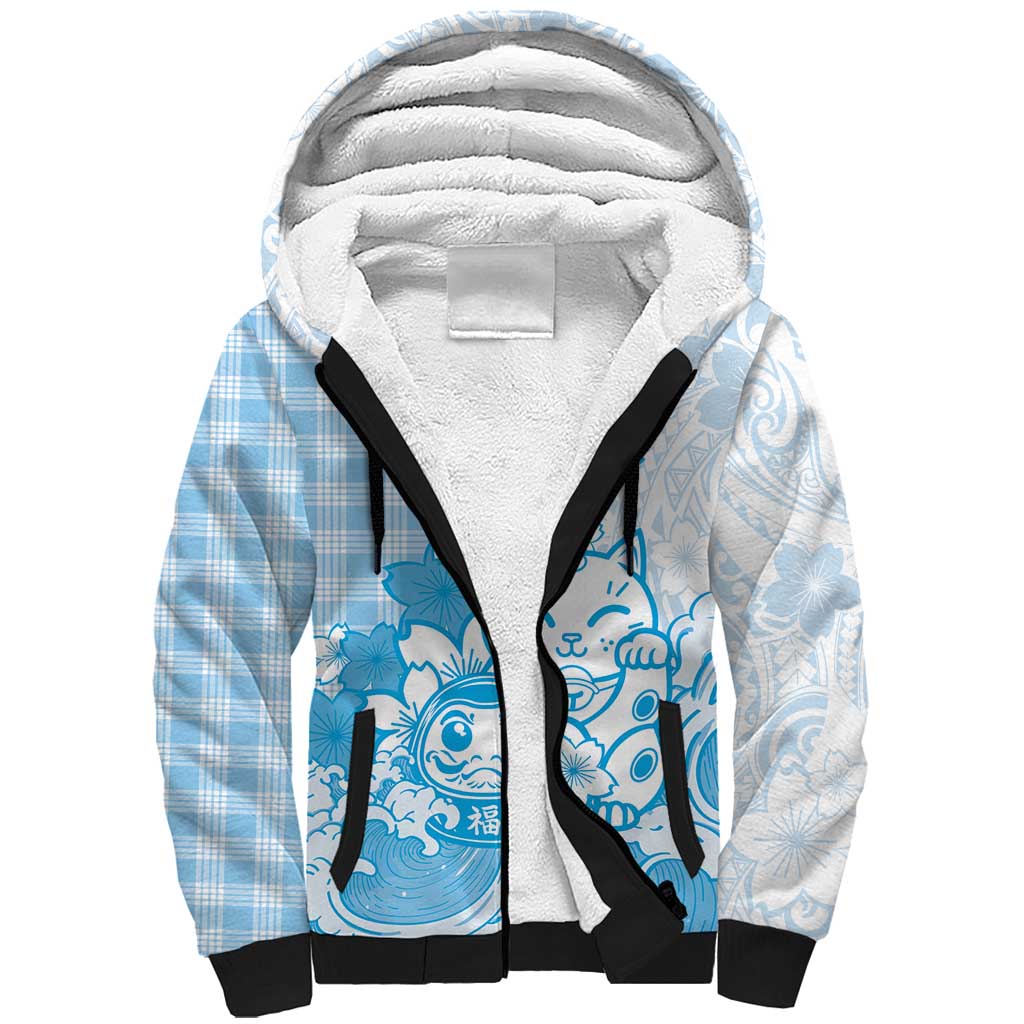 Blue Palaka Hawaiian And Japanese Sherpa Hoodie Maneki Neko And Sakura Bloom DT05 Unisex Blue - Polynesian Pride