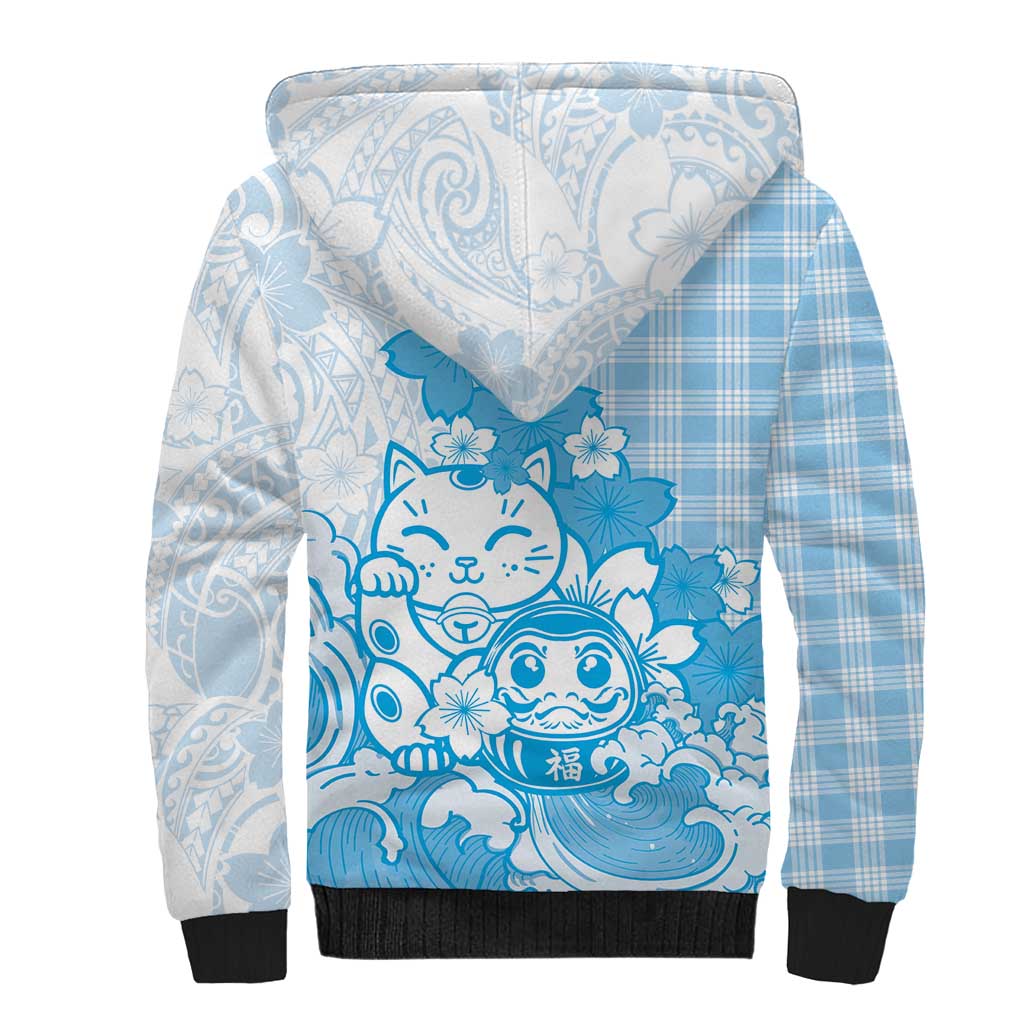 Blue Palaka Hawaiian And Japanese Sherpa Hoodie Maneki Neko And Sakura Bloom DT05 - Polynesian Pride