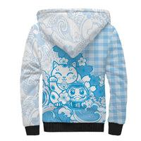 Blue Palaka Hawaiian And Japanese Sherpa Hoodie Maneki Neko And Sakura Bloom DT05 - Polynesian Pride