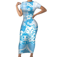 Blue Palaka Hawaiian And Japanese Short Sleeve Bodycon Dress Maneki Neko And Sakura Bloom DT05 Long Dress Blue - Polynesian Pride