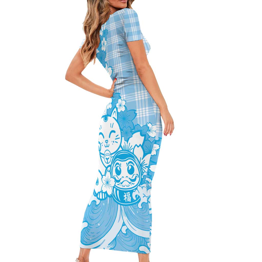 Blue Palaka Hawaiian And Japanese Short Sleeve Bodycon Dress Maneki Neko And Sakura Bloom DT05 - Polynesian Pride