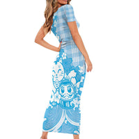 Blue Palaka Hawaiian And Japanese Short Sleeve Bodycon Dress Maneki Neko And Sakura Bloom DT05 - Polynesian Pride