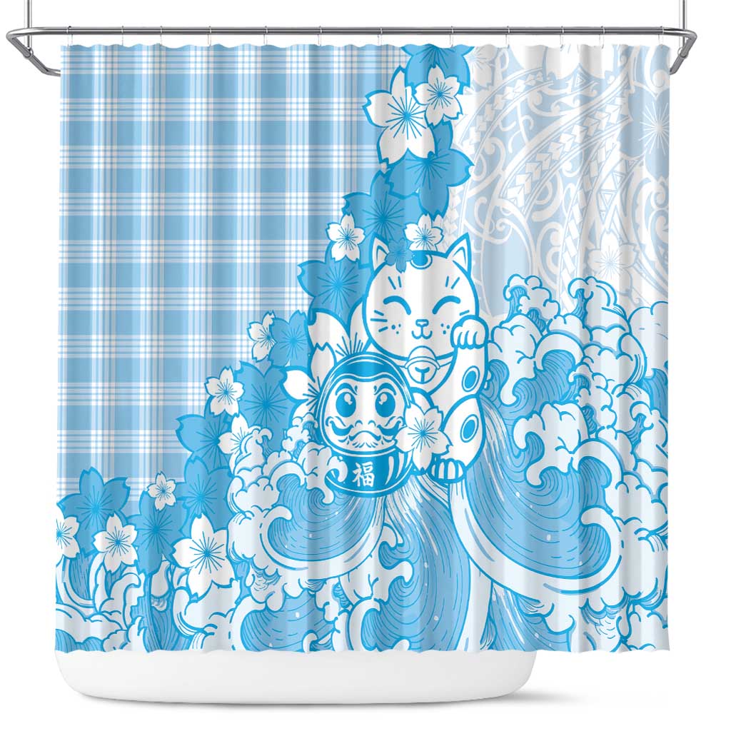 Blue Palaka Hawaiian And Japanese Shower Curtain Maneki Neko And Sakura Bloom