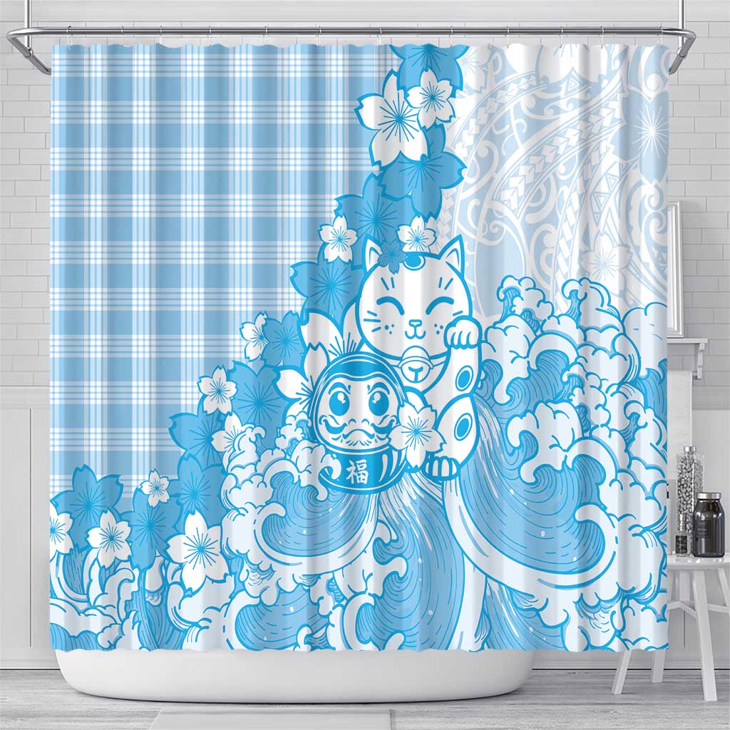 Blue Palaka Hawaiian And Japanese Shower Curtain Maneki Neko And Sakura Bloom