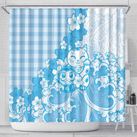 Blue Palaka Hawaiian And Japanese Shower Curtain Maneki Neko And Sakura Bloom