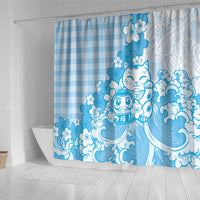 Blue Palaka Hawaiian And Japanese Shower Curtain Maneki Neko And Sakura Bloom