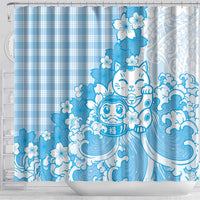 Blue Palaka Hawaiian And Japanese Shower Curtain Maneki Neko And Sakura Bloom