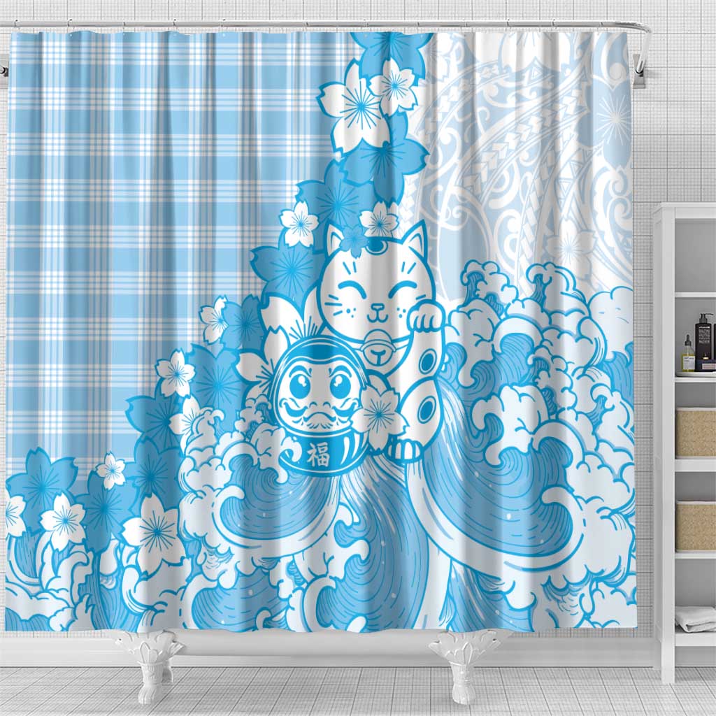 Blue Palaka Hawaiian And Japanese Shower Curtain Maneki Neko And Sakura Bloom