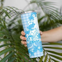 Blue Palaka Hawaiian And Japanese Skinny Tumbler Maneki Neko And Sakura Bloom DT05 - Polynesian Pride