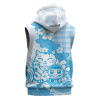 Blue Palaka Hawaiian And Japanese Sleeveless Hoodie Maneki Neko And Sakura Bloom
