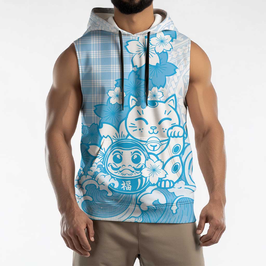 Blue Palaka Hawaiian And Japanese Sleeveless Hoodie Maneki Neko And Sakura Bloom