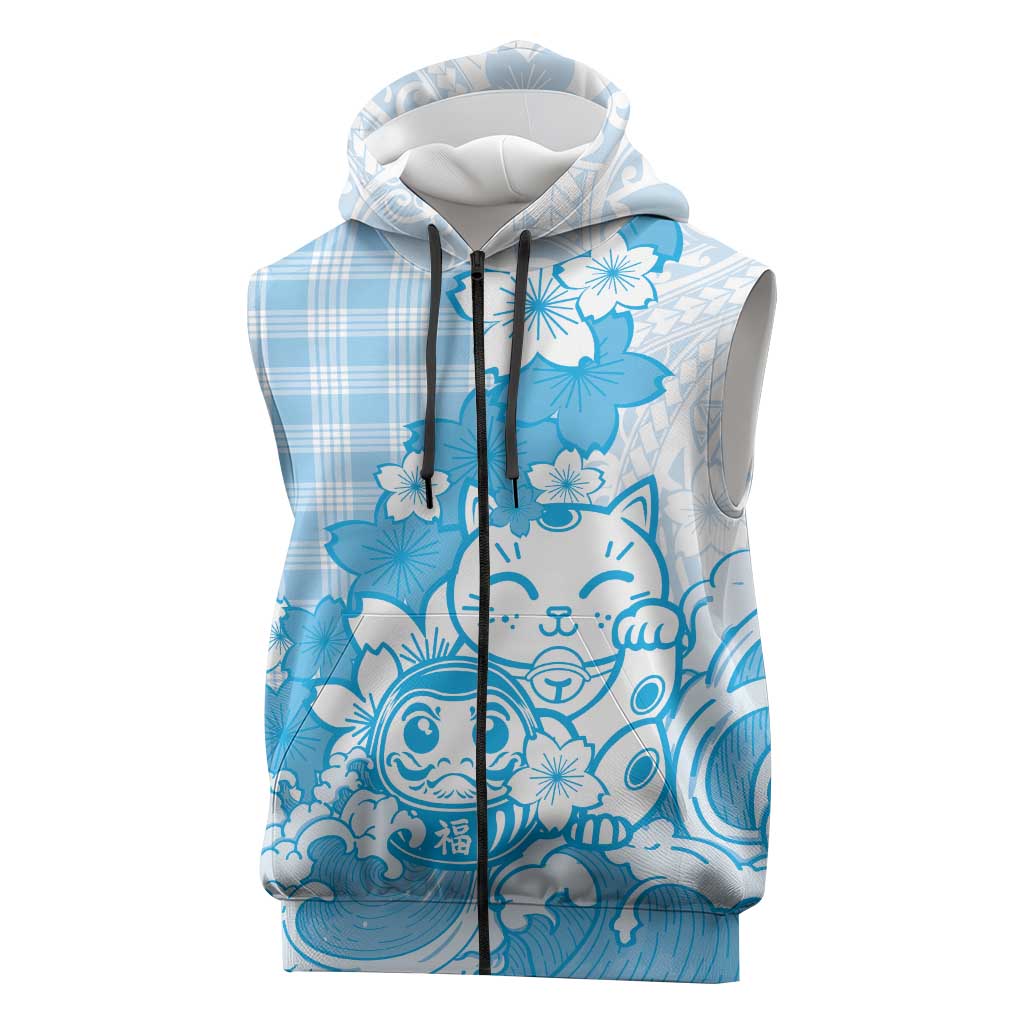 Blue Palaka Hawaiian And Japanese Sleeveless Zip Hoodie Maneki Neko And Sakura Bloom DT05 Blue - Polynesian Pride