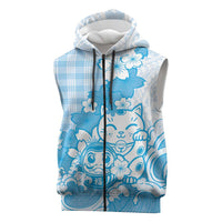 Blue Palaka Hawaiian And Japanese Sleeveless Zip Hoodie Maneki Neko And Sakura Bloom DT05 Blue - Polynesian Pride