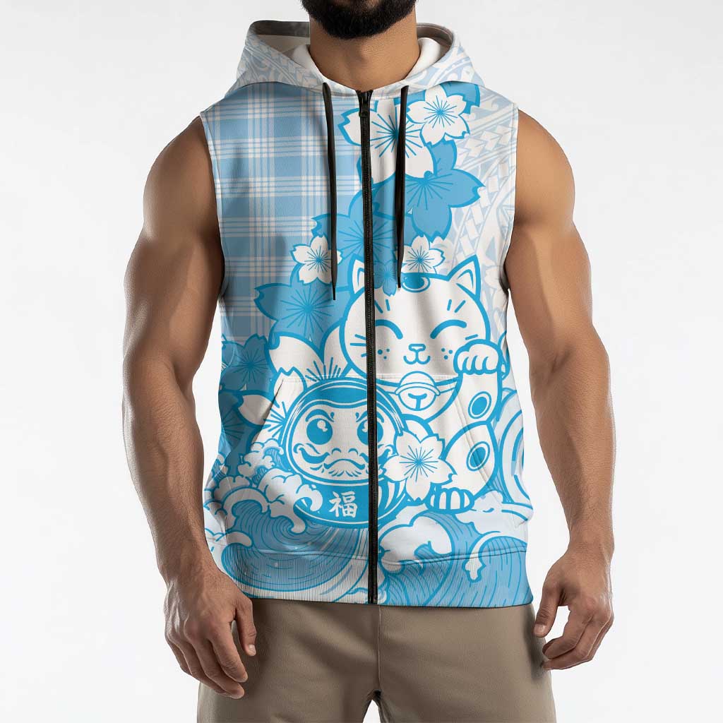 Blue Palaka Hawaiian And Japanese Sleeveless Zip Hoodie Maneki Neko And Sakura Bloom DT05 - Polynesian Pride