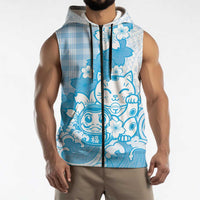 Blue Palaka Hawaiian And Japanese Sleeveless Zip Hoodie Maneki Neko And Sakura Bloom DT05 - Polynesian Pride