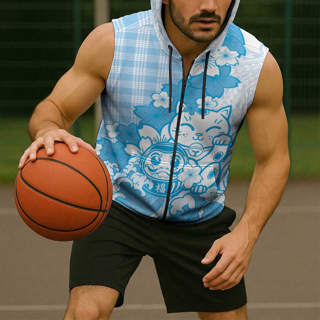 Blue Palaka Hawaiian And Japanese Sleeveless Zip Hoodie Maneki Neko And Sakura Bloom DT05 - Polynesian Pride