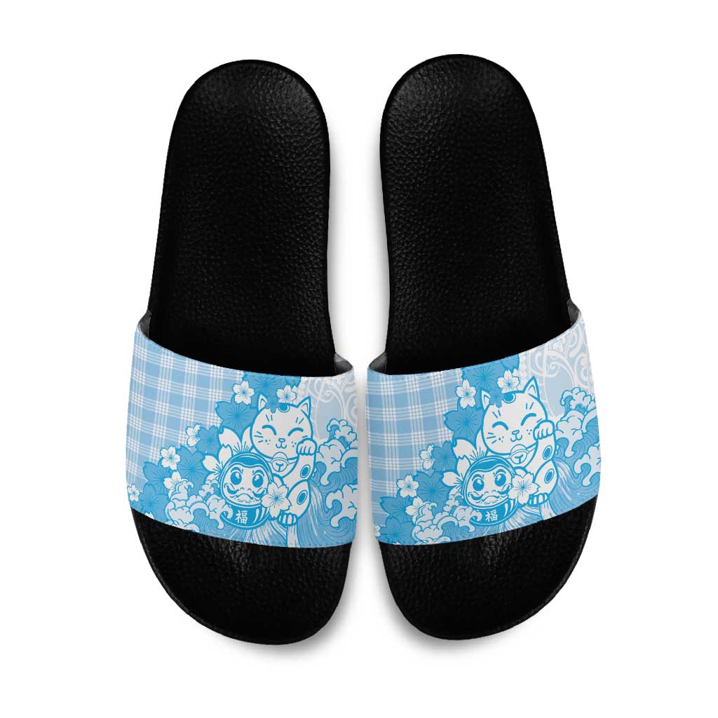 Blue Palaka Hawaiian And Japanese Slide Sandals Maneki Neko And Sakura Bloom DT05 Blue - Polynesian Pride
