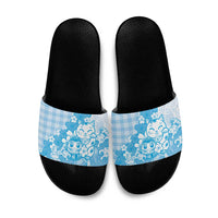 Blue Palaka Hawaiian And Japanese Slide Sandals Maneki Neko And Sakura Bloom DT05 Blue - Polynesian Pride