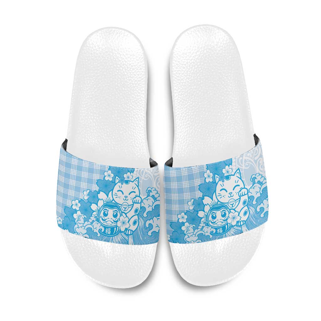 Blue Palaka Hawaiian And Japanese Slide Sandals Maneki Neko And Sakura Bloom DT05 Blue - Polynesian Pride
