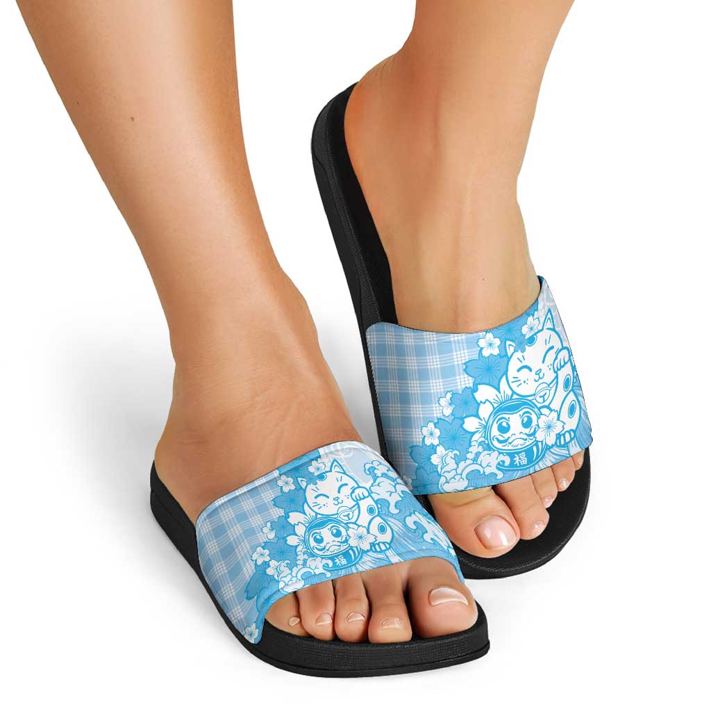 Blue Palaka Hawaiian And Japanese Slide Sandals Maneki Neko And Sakura Bloom DT05 - Polynesian Pride