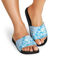 Blue Palaka Hawaiian And Japanese Slide Sandals Maneki Neko And Sakura Bloom DT05 - Polynesian Pride