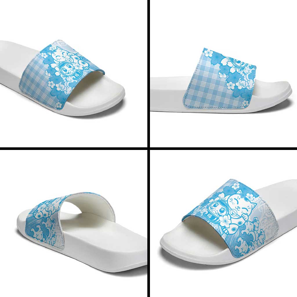 Blue Palaka Hawaiian And Japanese Slide Sandals Maneki Neko And Sakura Bloom DT05 - Polynesian Pride