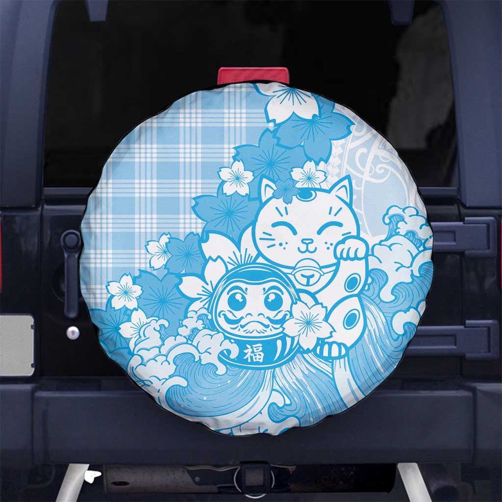 Blue Palaka Hawaiian And Japanese Spare Tire Cover Maneki Neko And Sakura Bloom DT05 No hole Blue - Polynesian Pride
