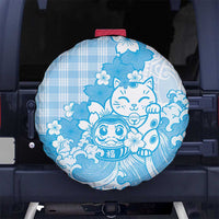 Blue Palaka Hawaiian And Japanese Spare Tire Cover Maneki Neko And Sakura Bloom DT05 No hole Blue - Polynesian Pride