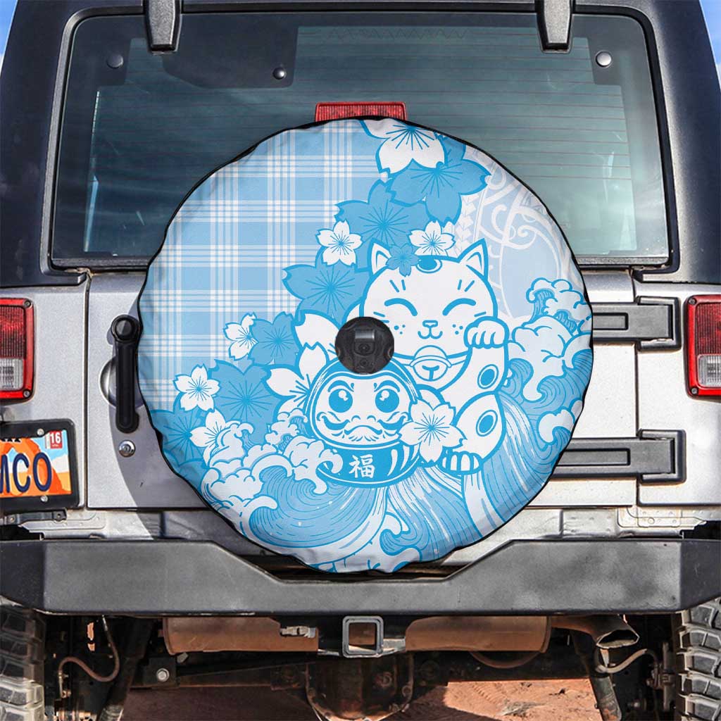 Blue Palaka Hawaiian And Japanese Spare Tire Cover Maneki Neko And Sakura Bloom DT05 Blue - Polynesian Pride